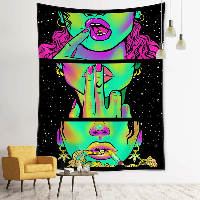 Psychedelic Fluorescent Portrait Tapestry by Afralia™ for Bohemian Home Decor