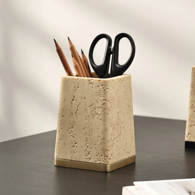 Afralia™ Yellow Cave Stone Pen Holder, Desktop Organizer & Home Decor