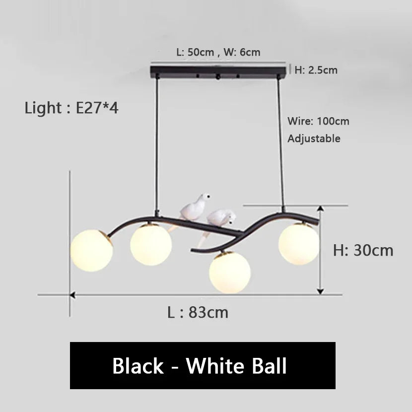 Afralia™ Birds Hanging Glass LED Chandelier in Black & Gold Iron - Modern Kitchen Island Light