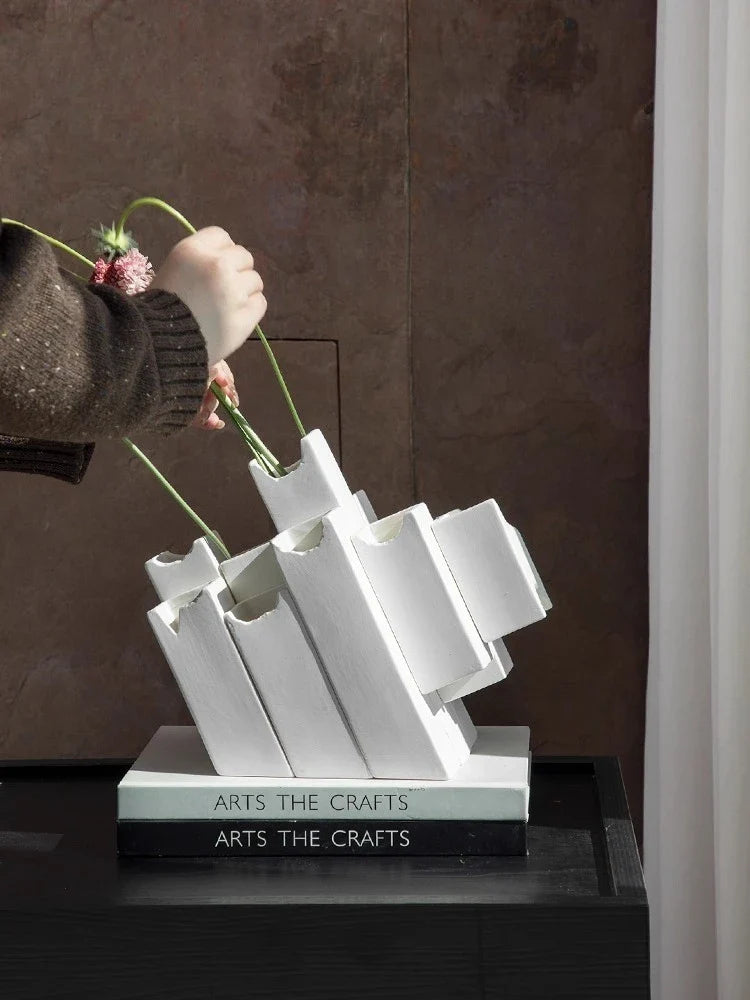 Afralia™ Geometric Ceramic Vase Block Splicing Flower Arrangement Handicrafts Home Decor