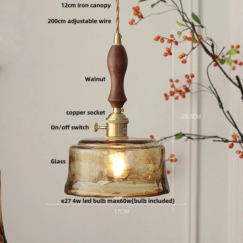 Afralia™ Amber Glass LED Pendant Light Fixture, Vintage E27 Copper Hanging Lamp