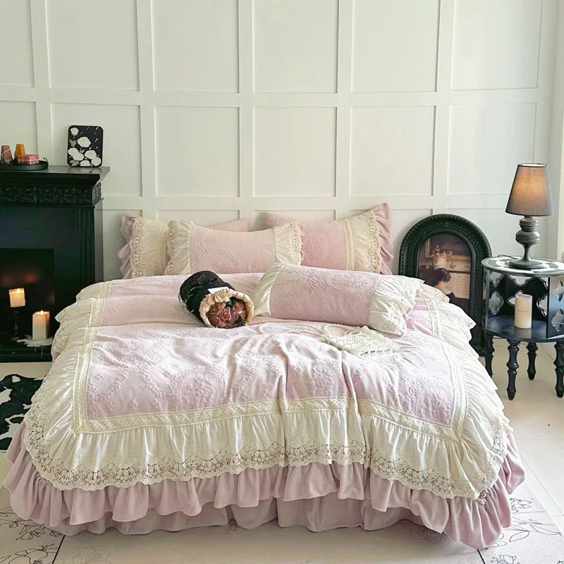 Afralia™ Lace Ruffles Velvet Wedding Bedding Set with Carved Details