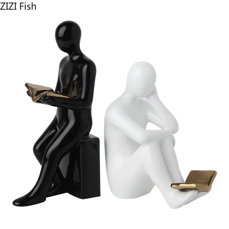 Afralia™ Ceramic Character Sculpture Bookends for Creative Library Decor
