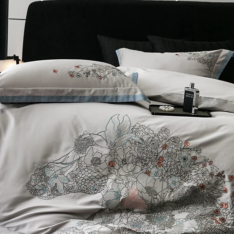 Afralia™ Cotton Flowers Horse Embroidery Luxury Bedding Set - Duvet Cover, Bed Sheet, Pillowcases