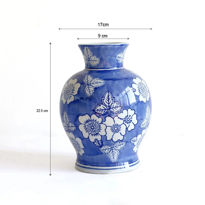 Afralia™ Blue White Porcelain Vase Vintage Ceramic Flower Home Decor Jar