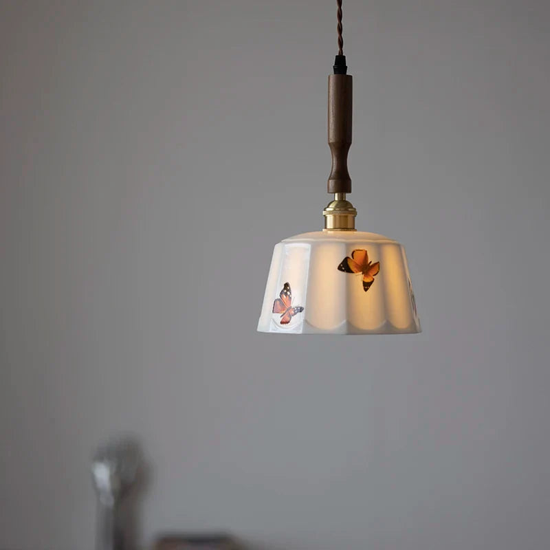 Afralia™ Brown Wood LED Pendant Light - Nordic Modern White Ceramic Hanging Lamp