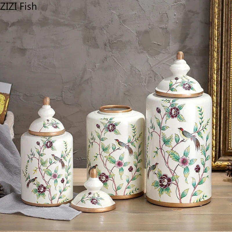 Afralia™ European Flower Bird Ceramic Storage Jar Vase Decoration Tea Coffee Beans Candy Home Decor