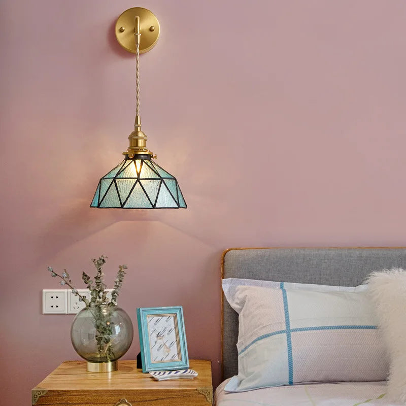 Afralia™ Tiffany Glass LED Wall Lamp Pull Chain Switch Vintage Copper Wall Lights