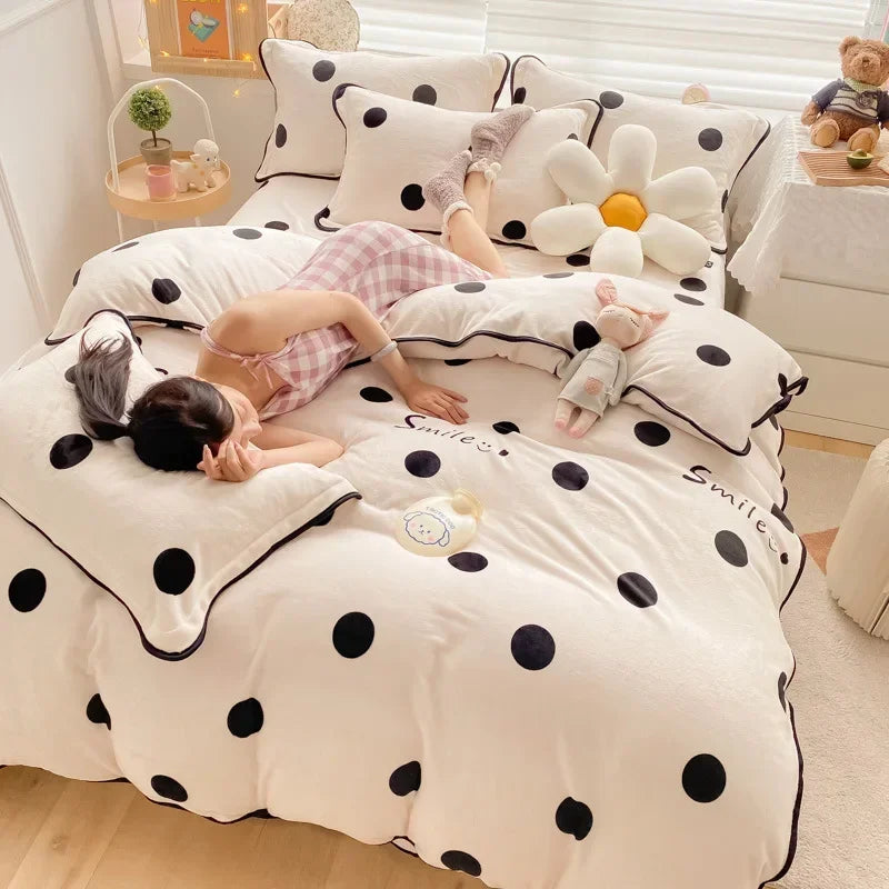 Afralia™ Polka Dot Milk Velvet Queen Bedding Set with Sheets & Pillowcases