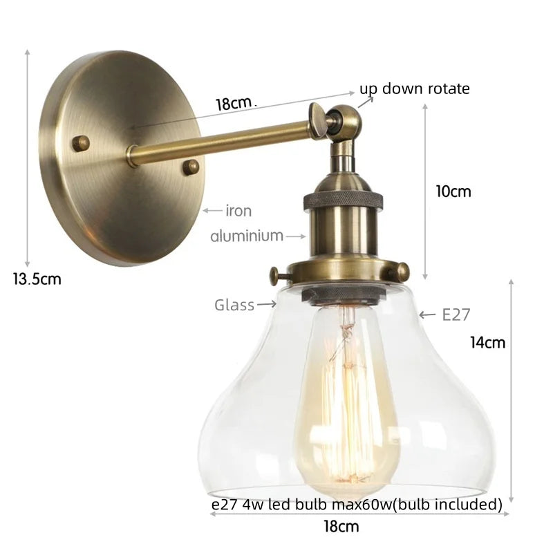 Afralia™ Red Bronze LED Wall Lamp with Pull Chain Switch and Clear Glass