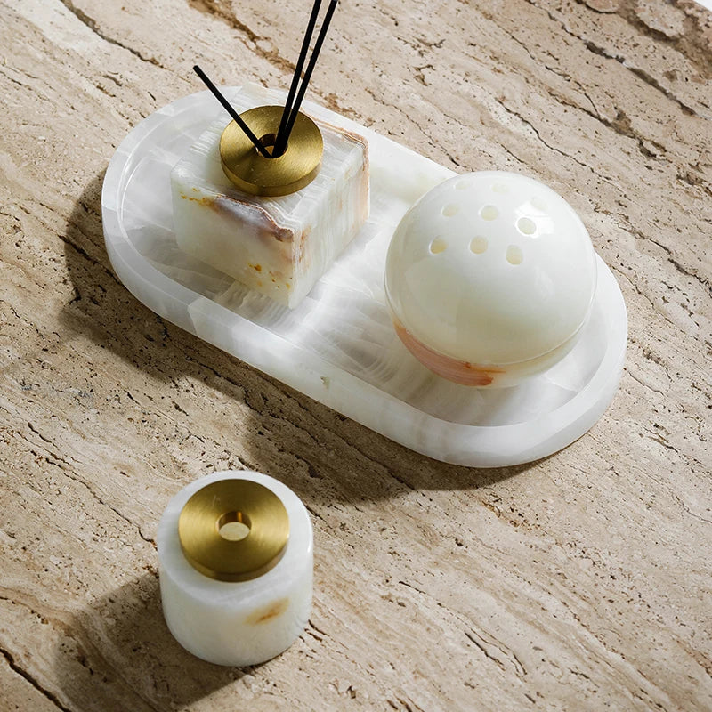 Afralia™ Marble Stone Fragrance Diffuser Travertine Sphere Incense Burner with Tray