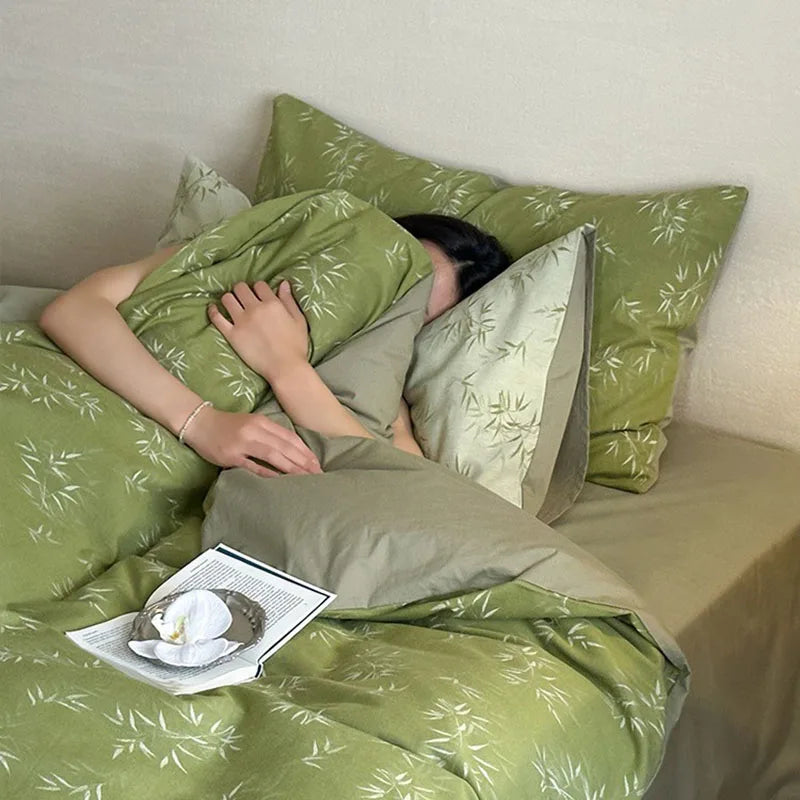 Afralia™ Bamboo Leaf Jacquard Bedding Set: Soft & Comfortable Quilt Set, 100% Cotton, Green, Adult & Kids.
