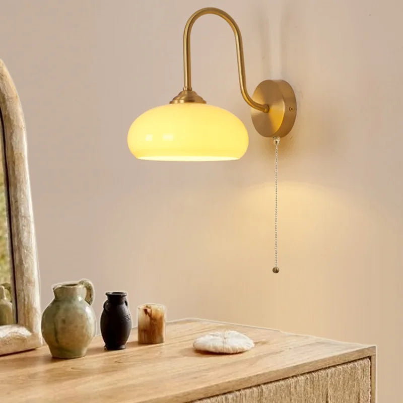 Afralia™ Glass LED Wall Sconce with Pull Chain Switch for Coffee Bedroom - Copper Nordic Stair Light