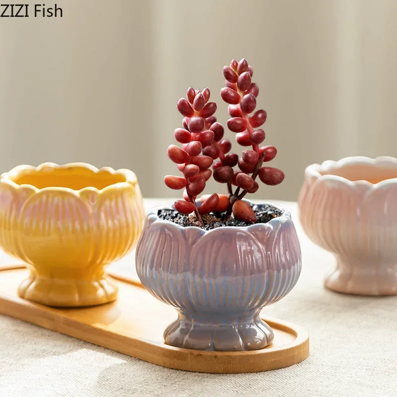 Afralia Lotus Flower Ceramic Vase: Small Plant Pots for Table Decoration and Room Aesthetic