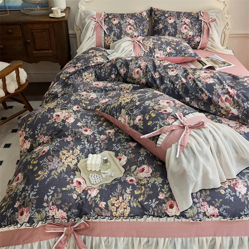 Afralia™ Chiffon Lace Ruffles Princess Egyptian Cotton Bedding Set