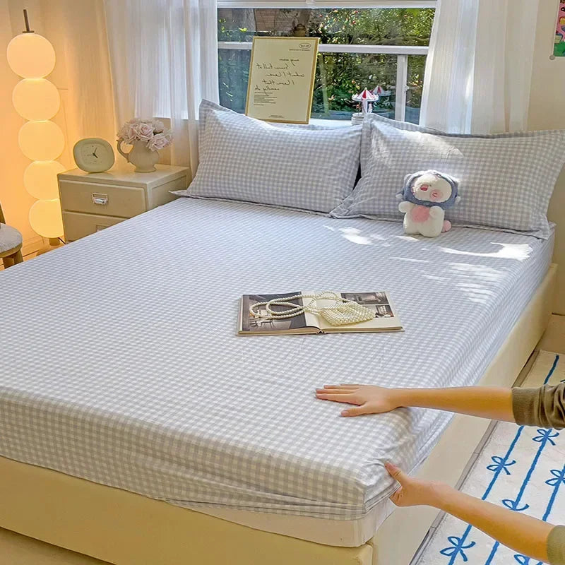 Afralia™ Ultra-Thin Grid Pattern Fitted Sheet Set: Soft Breathable Washed Cotton Mattress Cover