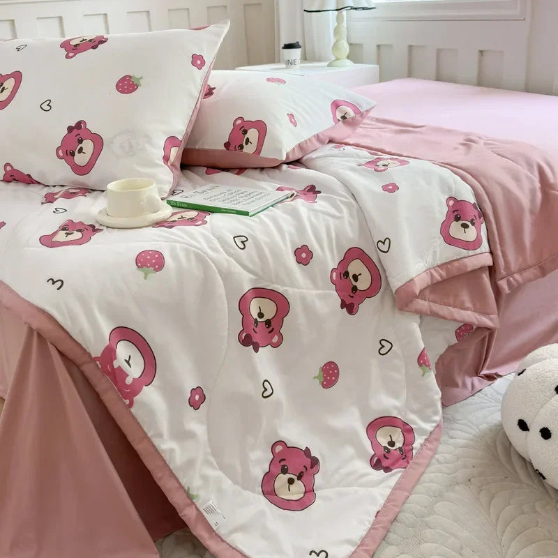 Afralia™ Cartoon Bear Printed Summer Quilt Lightweight Soft Cooling Blanket