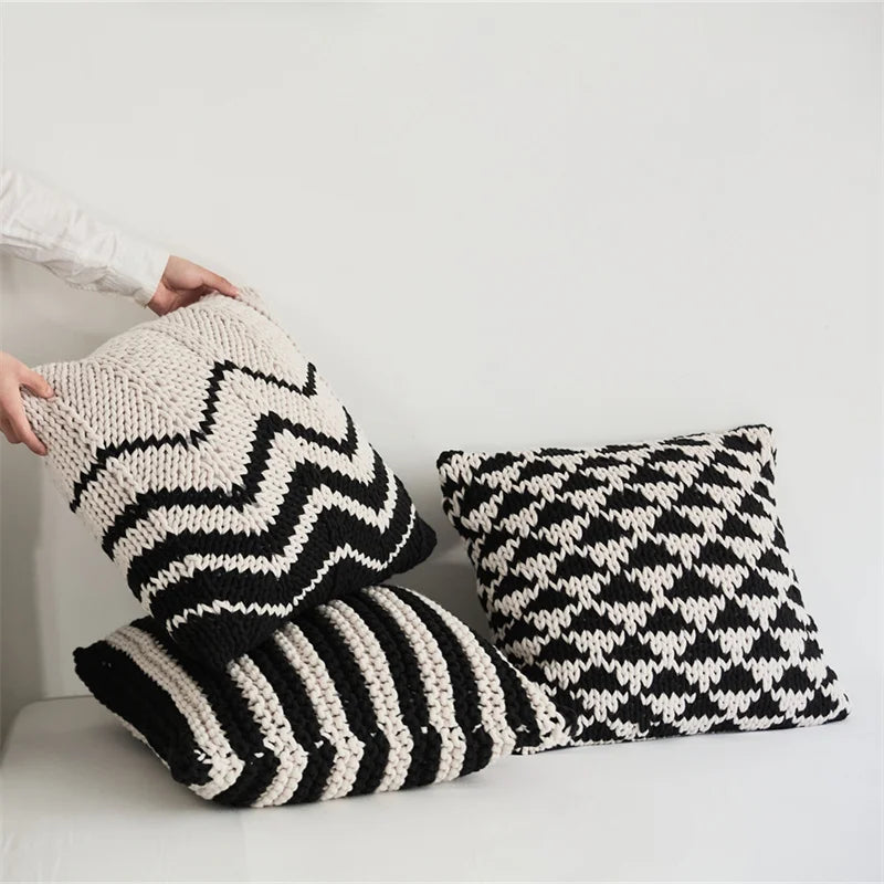 Afralia™ Geo Knit Stripe Woven Square Pillow 45x45cm Black Ivory Insets