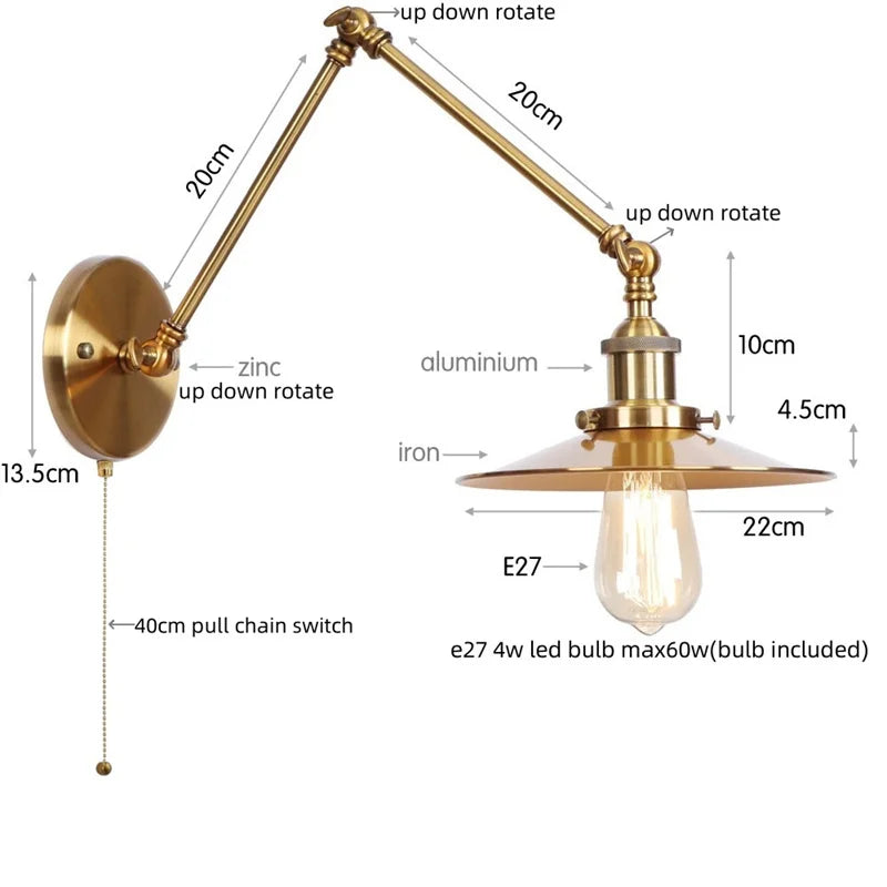 Afralia™ Rustic Vintage LED Wall Lamp with Pull Chain Switch for Stair, Restaurant, Bedroom