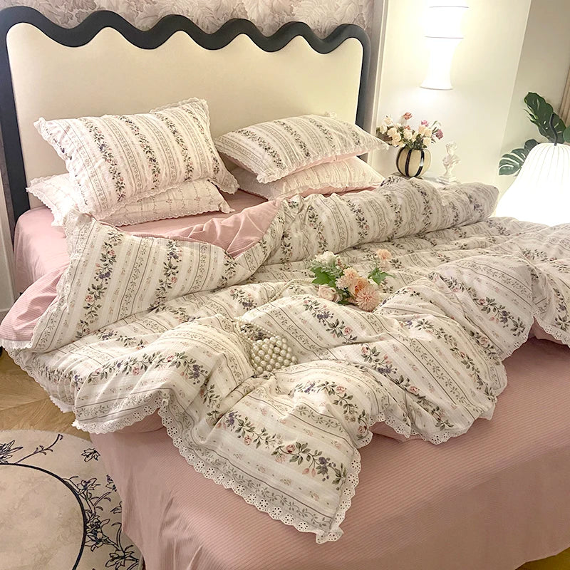 Afralia™ Vintage Lace Ruffles Duvet Set with Bed Sheet and Pillowcases