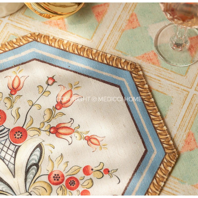 Afralia™ Baroque Flowers Fringe Placemat Set- Luxury Cotton Linen Retro Hexagon Table Mats