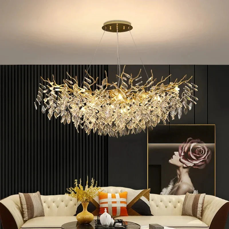 Afralia™ Gold Crystal LED Chandelier for Living Dining Bedroom, Luxury Ceiling Pendant Fixture