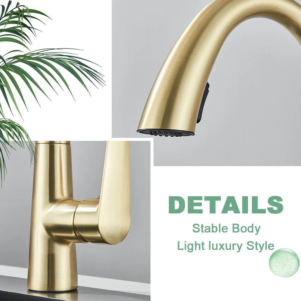 Afralia™ Brushed Gold Gourmet Kitchen Faucet with Flexible Pull Out Mixer Tap
