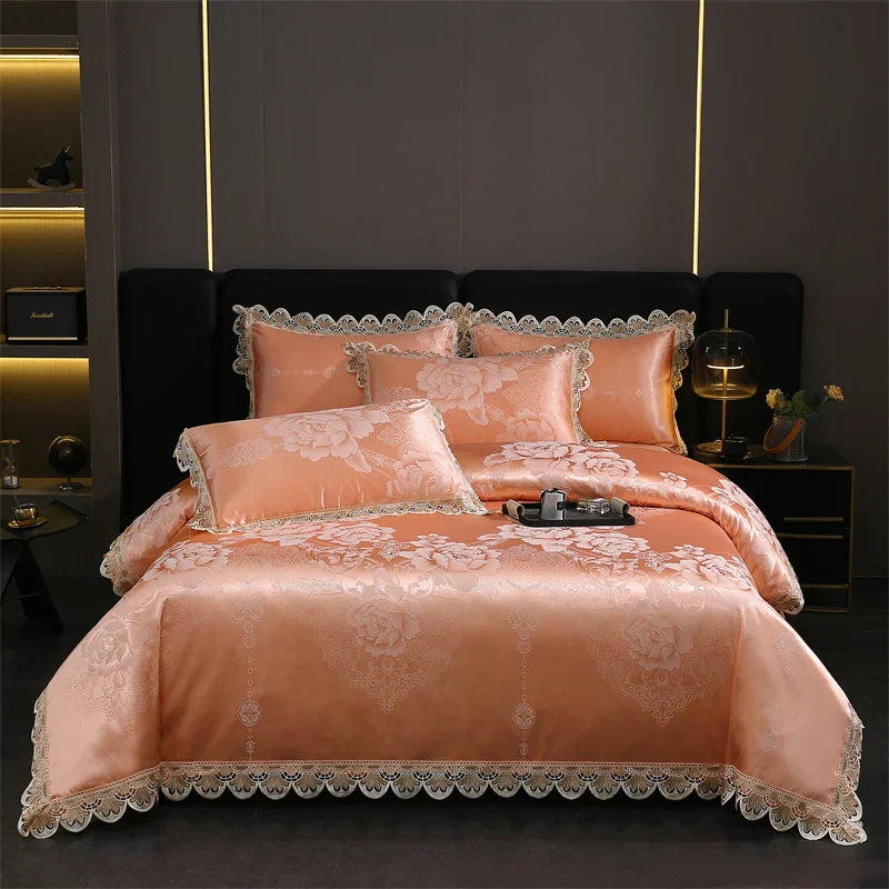 Afralia™ Golden Jacquard Cotton Lace Bedding Set - Silky Soft Duvet Cover, Flat Sheet, Pillowcase