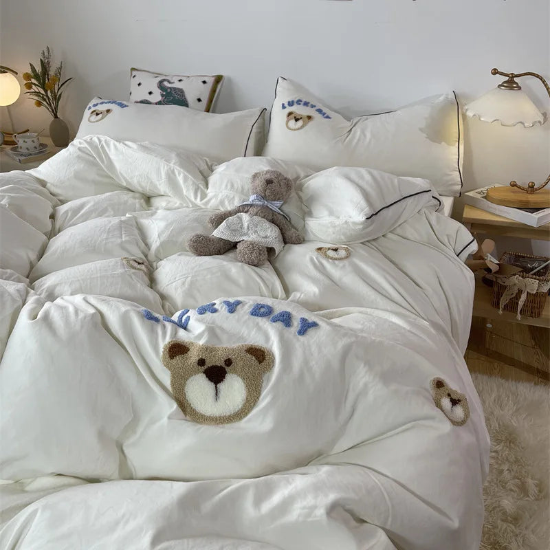 Afralia™ Lovely Bear & Sheep Embroidered Bedding Set - Duvet Cover, Sheets, Pillowcase