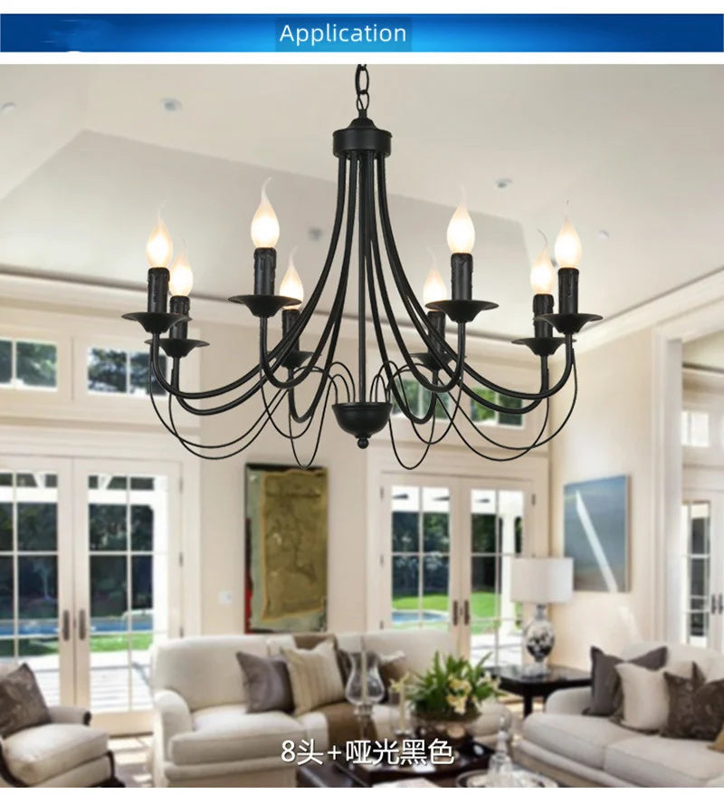 Afralia™ Wrought Iron Chandelier Candle Light Fixture for Living Room - Black Metal Pendant Lamp