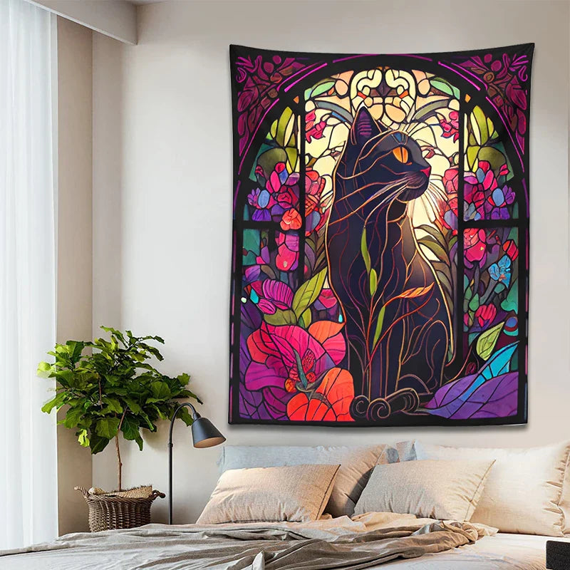 Afralia™ Floral Cat Tapestry Stained Glass Wall Art - Boho Cat Decor