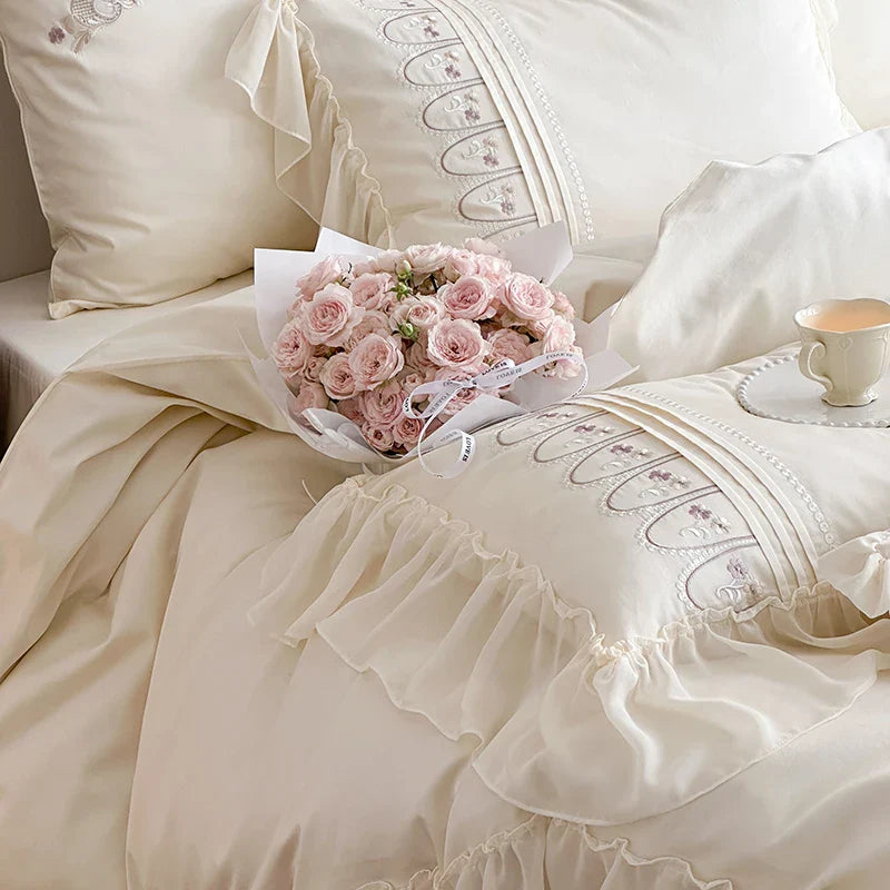 Afralia™ Flowers Embroidery Princess Wedding Lace Bedding Set 1200TC Cotton Duvet Cover Flat Sheet Pillowcases