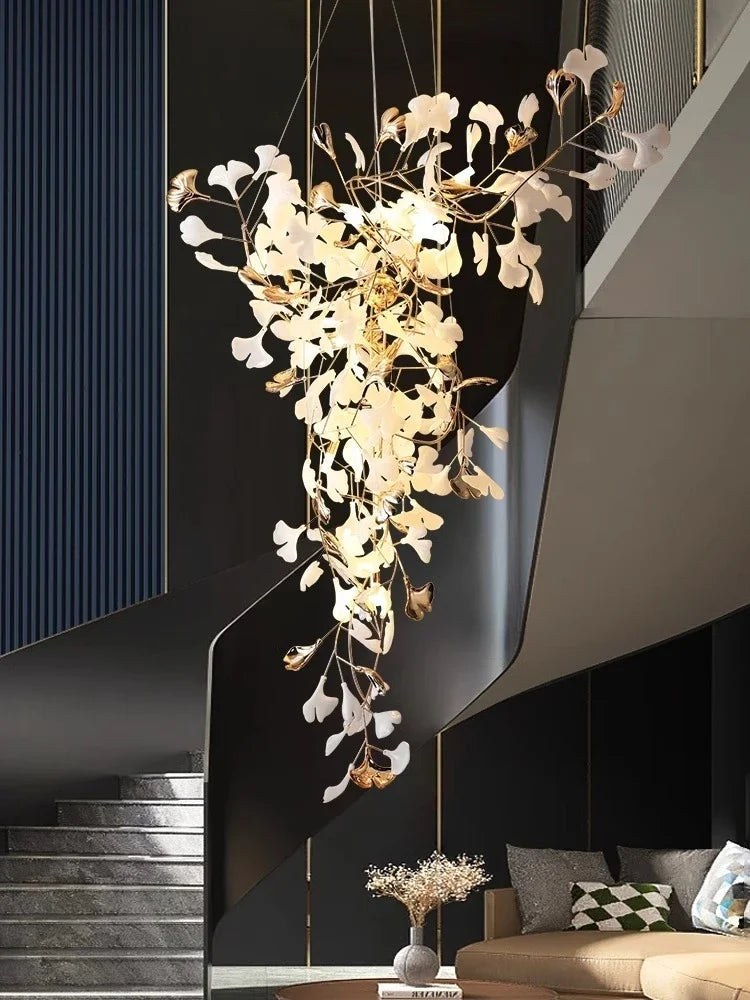 Afralia™ Ginkgo Leaf Chandelier for Luxury Staircase & Lobby, Designer Duplex Lighting