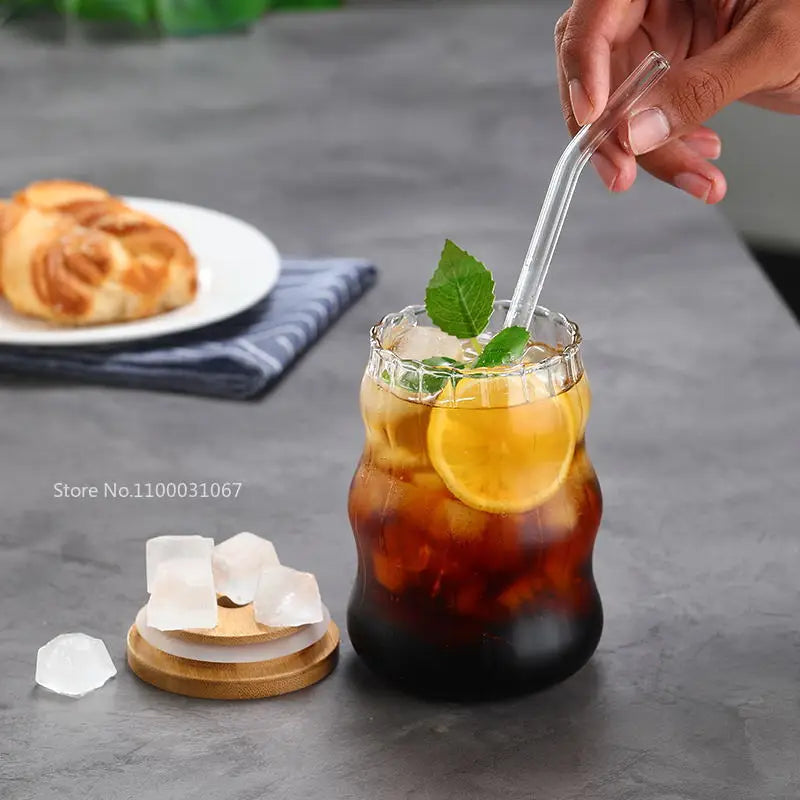 Afralia™ Glass Cup Set with Lid and Straw, Transparent Drinkware for Tea, Juice, Beer or Milk