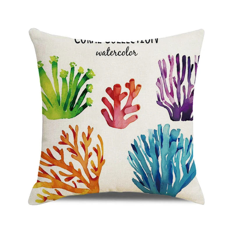 Afralia™ Watercolor Coral Marine Life Cushion Cover Fish Animal Linen Pillow Case Home Decor