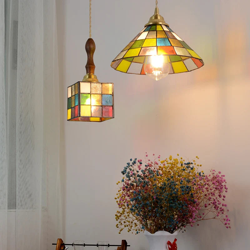 Afralia™ Colorful Glass Magic Cube LED Pendant Lights Tiffany Style Wood Hang Lamp