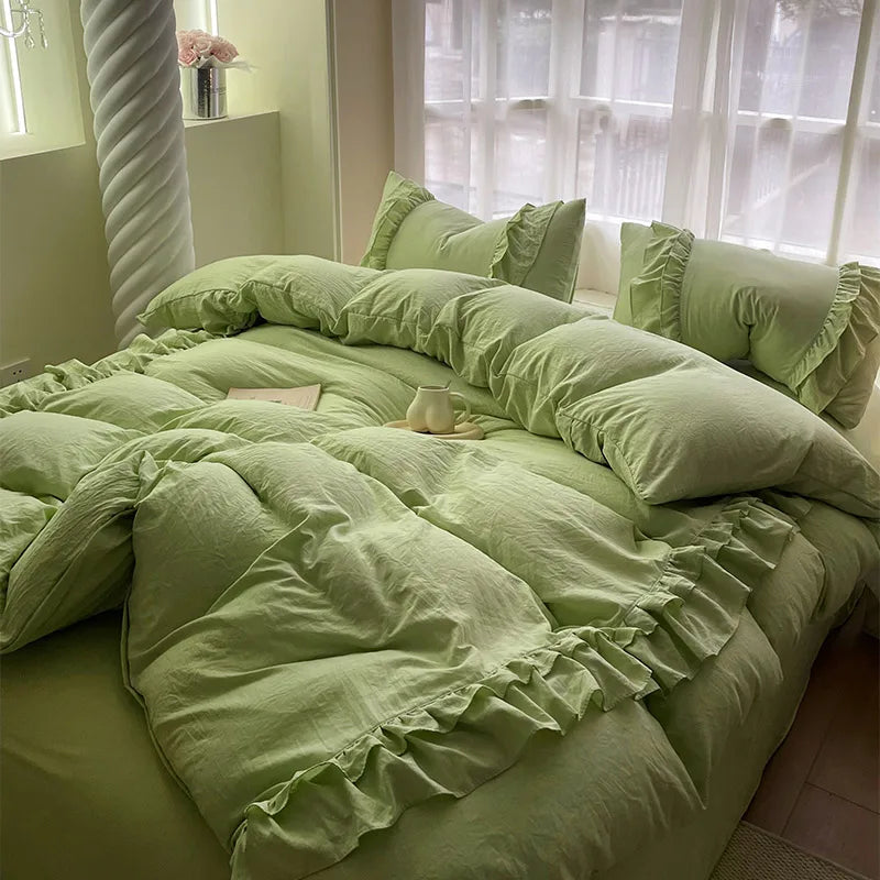 Afralia™ Korean Princess Ruffles Bedding Set - Soft Microfiber, Duvet Cover Pillowcases - All Sizes