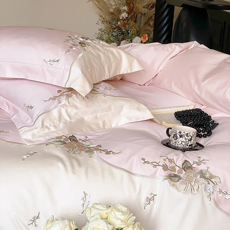 Afralia™ Lily of the Valley Chic Flowers Embroidery Bedding Set 1000TC Egyptian Cotton