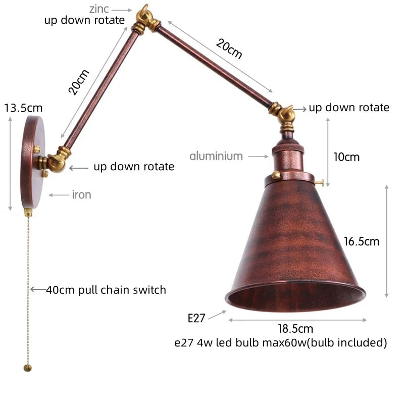 Afralia™ LED Long Arm Wall Lamp with Pull Chain Switch for Home Hotel Bathroom