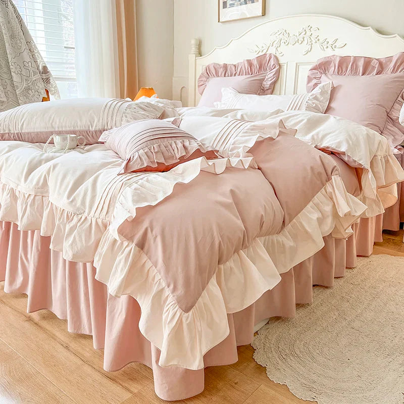 Afralia™ Pink Korean Princess Pleat Ruffles Cotton Bedding Set - 3/4Pcs