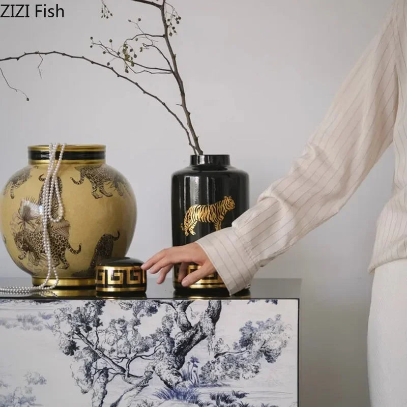 Afralia™ Porcelain Tiger Pattern Vase - Handmade Ceramic Home Decor