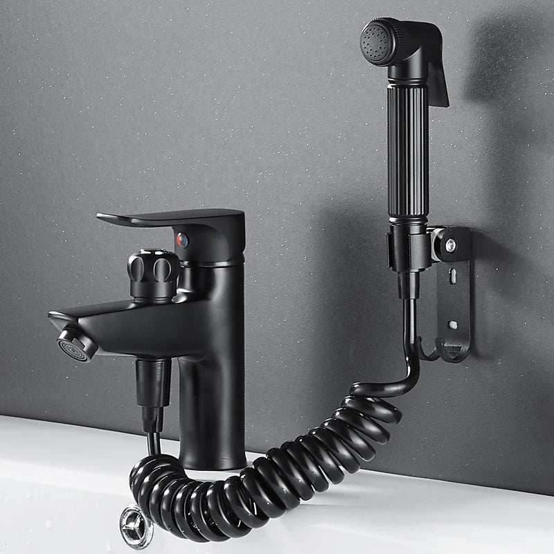 Afralia™ Black Brass Single Handle Bathroom Basin Faucet with Shower Head, Hot and Cold Mixer Tap