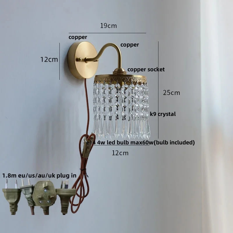 Afralia™ Nordic LED Wall Light with Pull Chain Switch, Crystal Glass Bedside Lamp