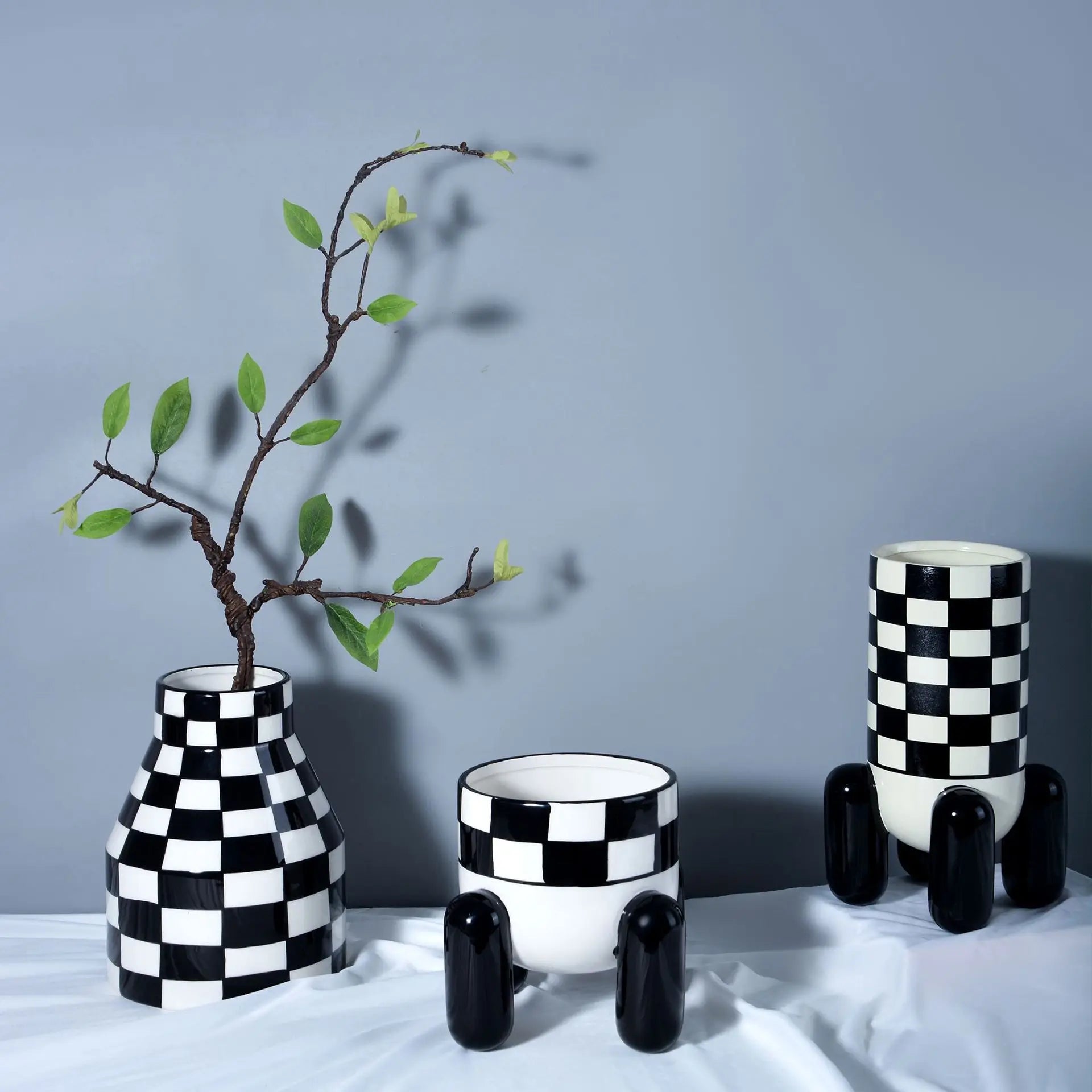 Afralia™ Checkered Ceramic Vase Tall Flowerpot Home Decor Accessory