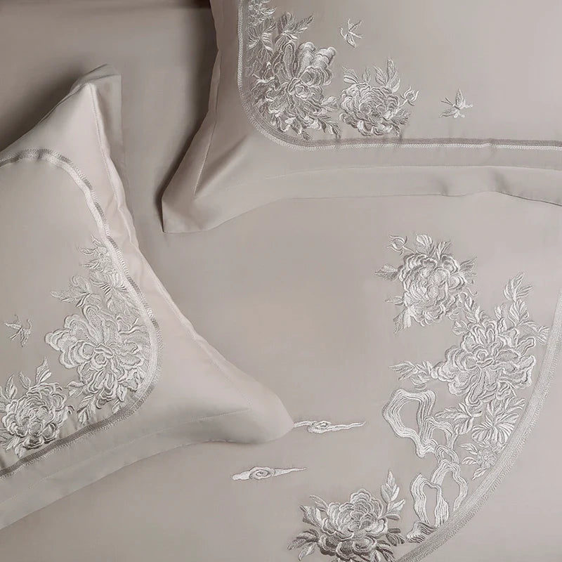 Afralia™ Luxury Chinese Flowers Embroidery Bedding Set: 1 Duvet, 1 Sheet, 2 Pillowcases