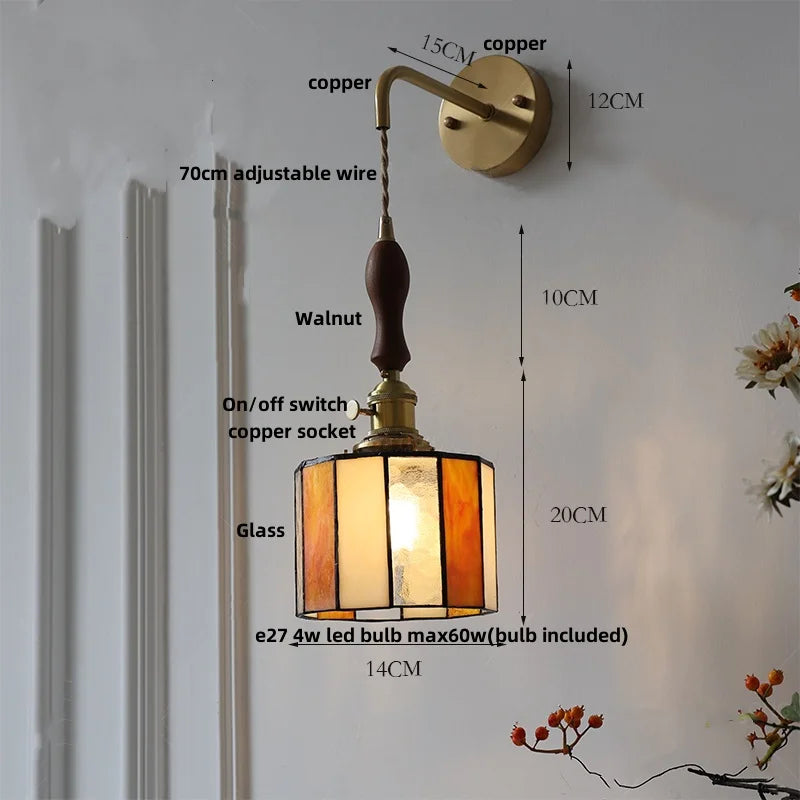 Afralia™ Vintage LED Wall Lights Walnut Wood Pull Chain Switch Mirror Light