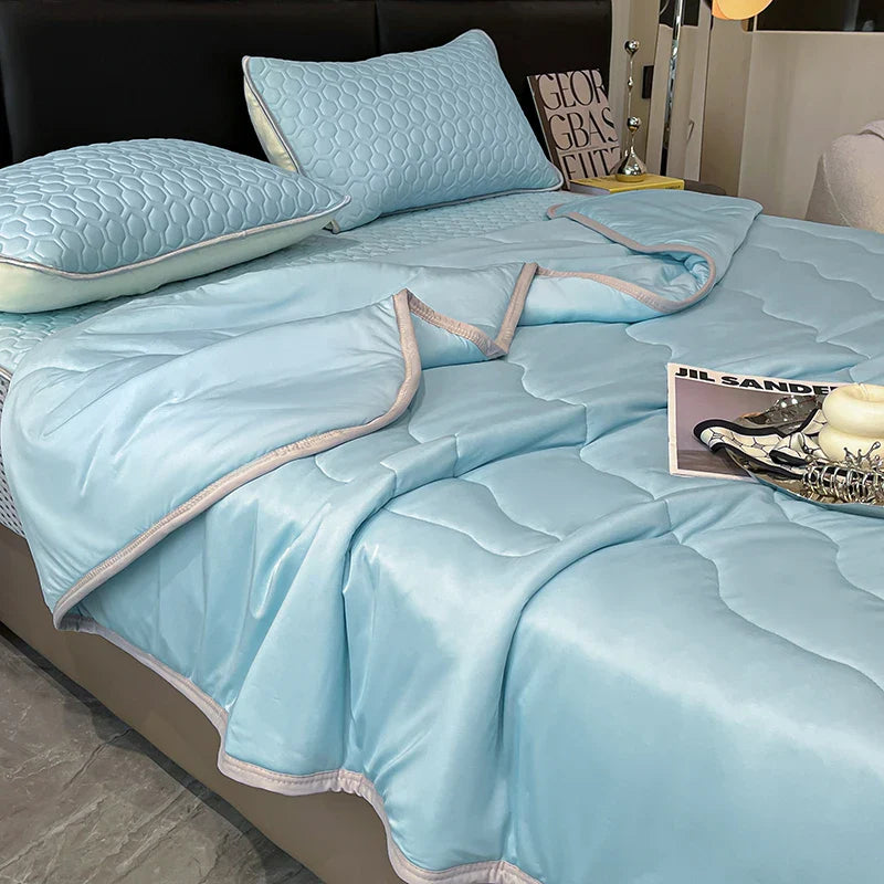 Afralia™ Cool Feeling Ice Silk Summer Quilt Set Queen - Comforter, Fitted Sheet, Pillowcase