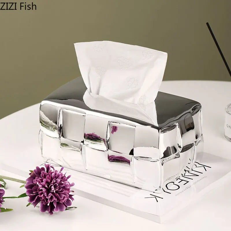 Afralia™ Geometric Grain Silver Check Tissue Box Holder & Desktop Organizer