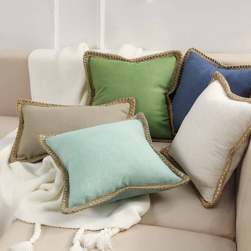 Afralia™ Saga Green Accent Cushion Covers Set: Luxury Soft with Burlap Trim, Tailored Edges