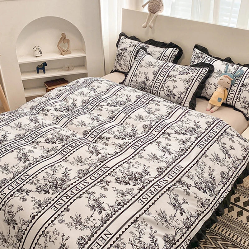 Afralia™ Princess Style Ruffles Duvet Cover Set with Flower Print and Pillow Case